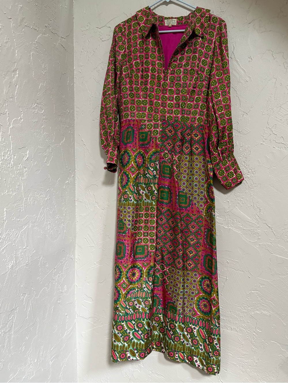 Vintage silk Pink & Green Printed Maxi Shirt Dress